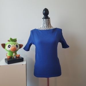 Blue Ribbed Boat Neck Top